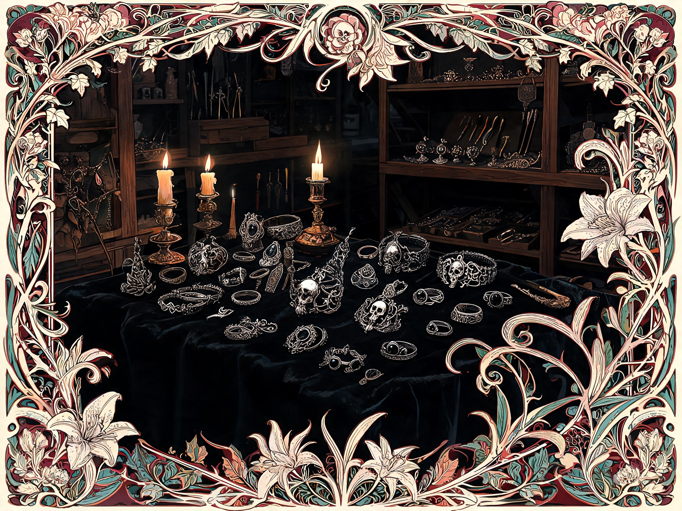 Bottega artigiana goth con gioielli in argento esposti su velluto nero, atmosfera Art Nouveau con candele