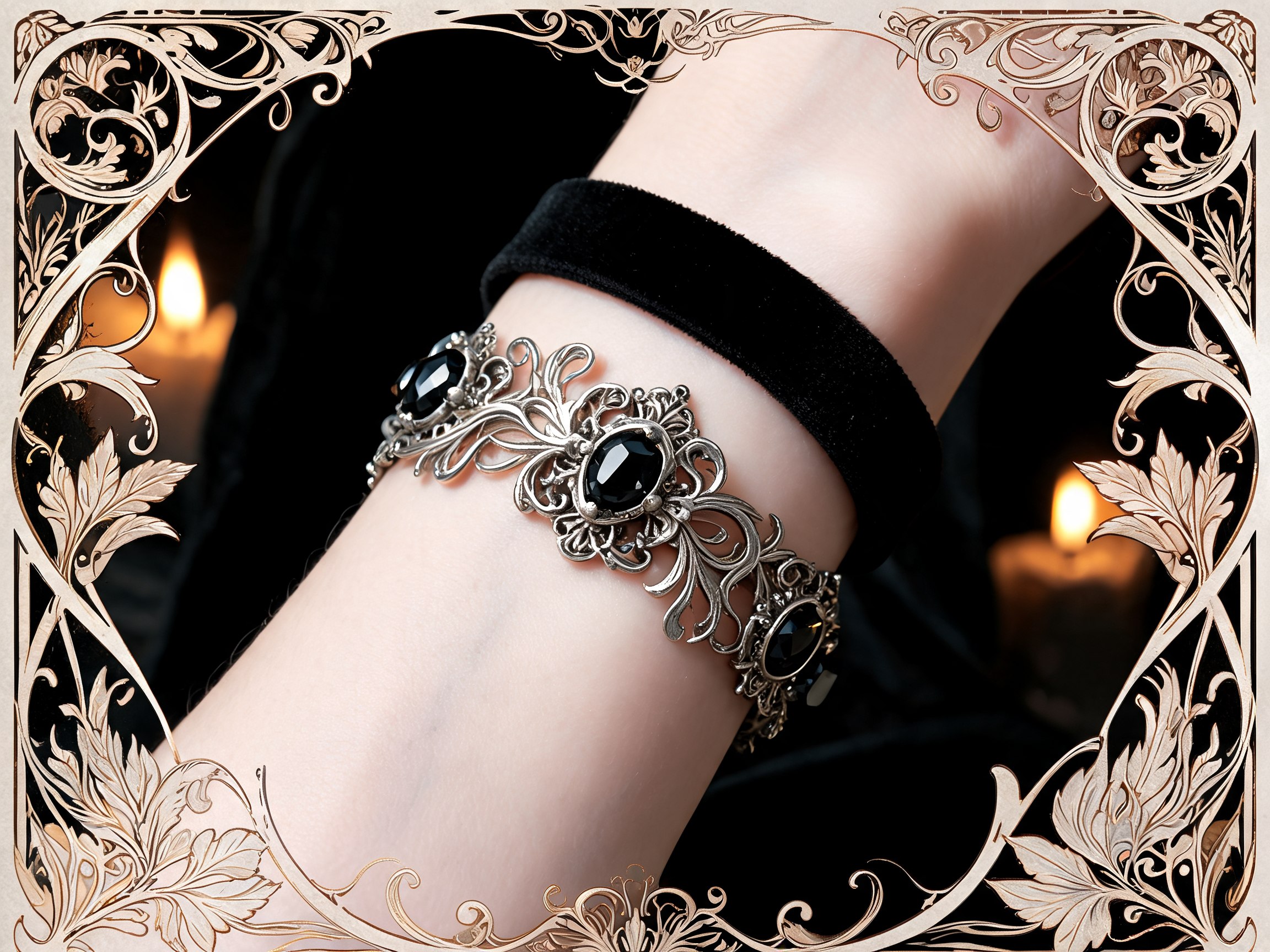 Bracciali gotici stratificati in velluto nero e catena d'argento con pietre scure, stile Art Nouveau decorativo