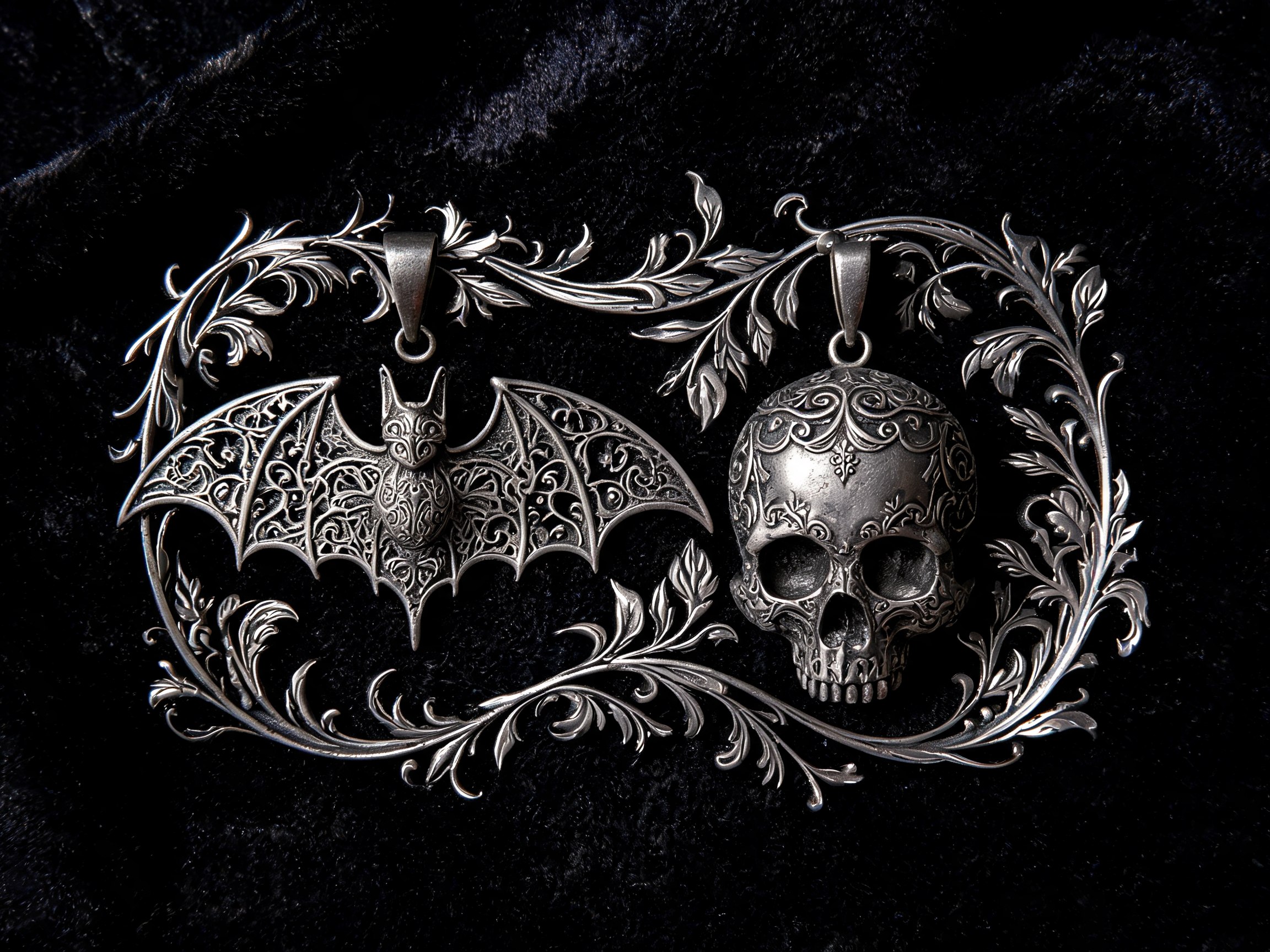 Pendenti gotici a forma di pipistrello e teschio in argento ossidato su velluto nero, stile Art Nouveau