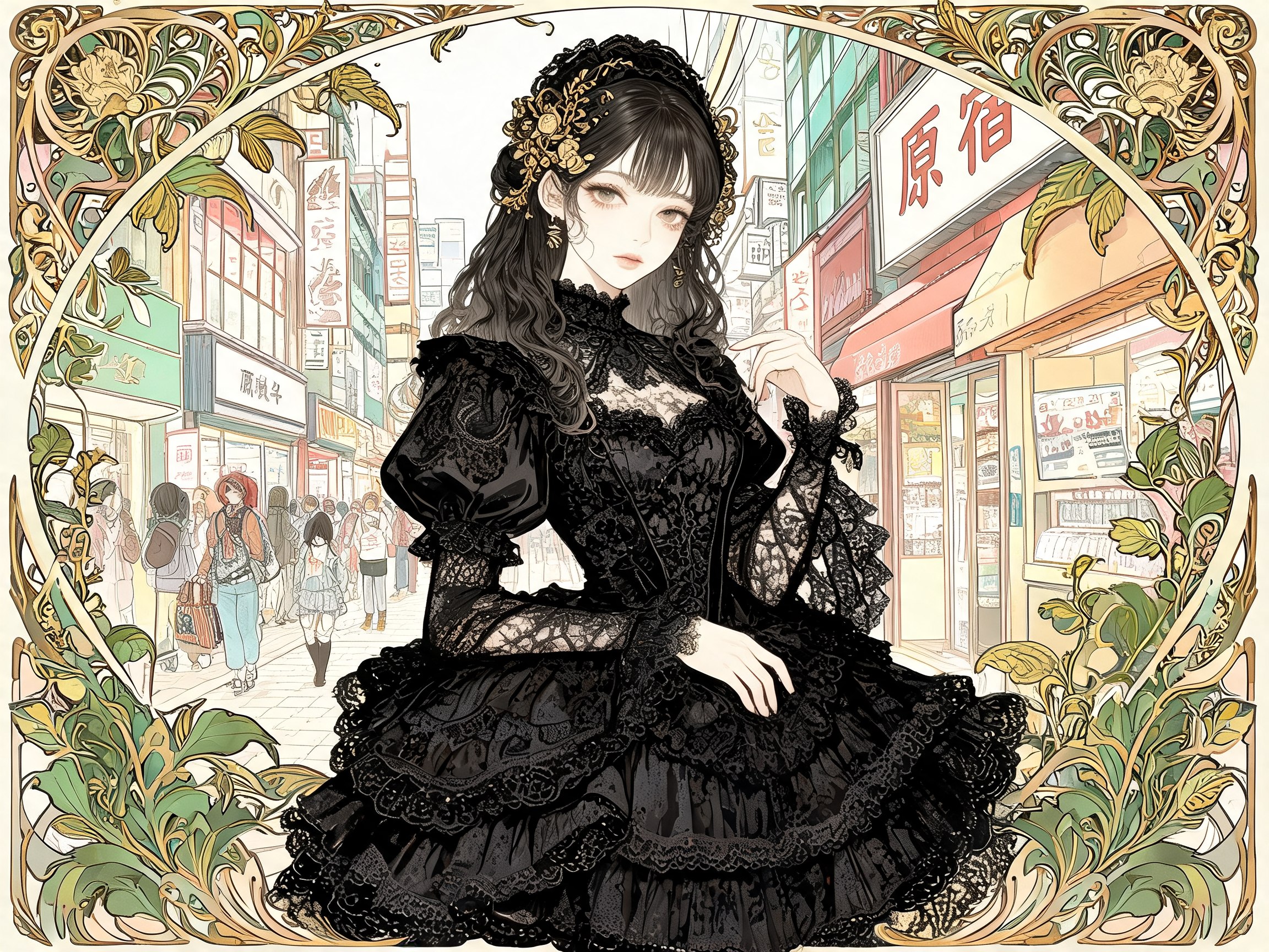 Abito gothic lolita con gonna a campana nera, pizzo vittoriano e decorazioni floreali in stile Art Nouveau
