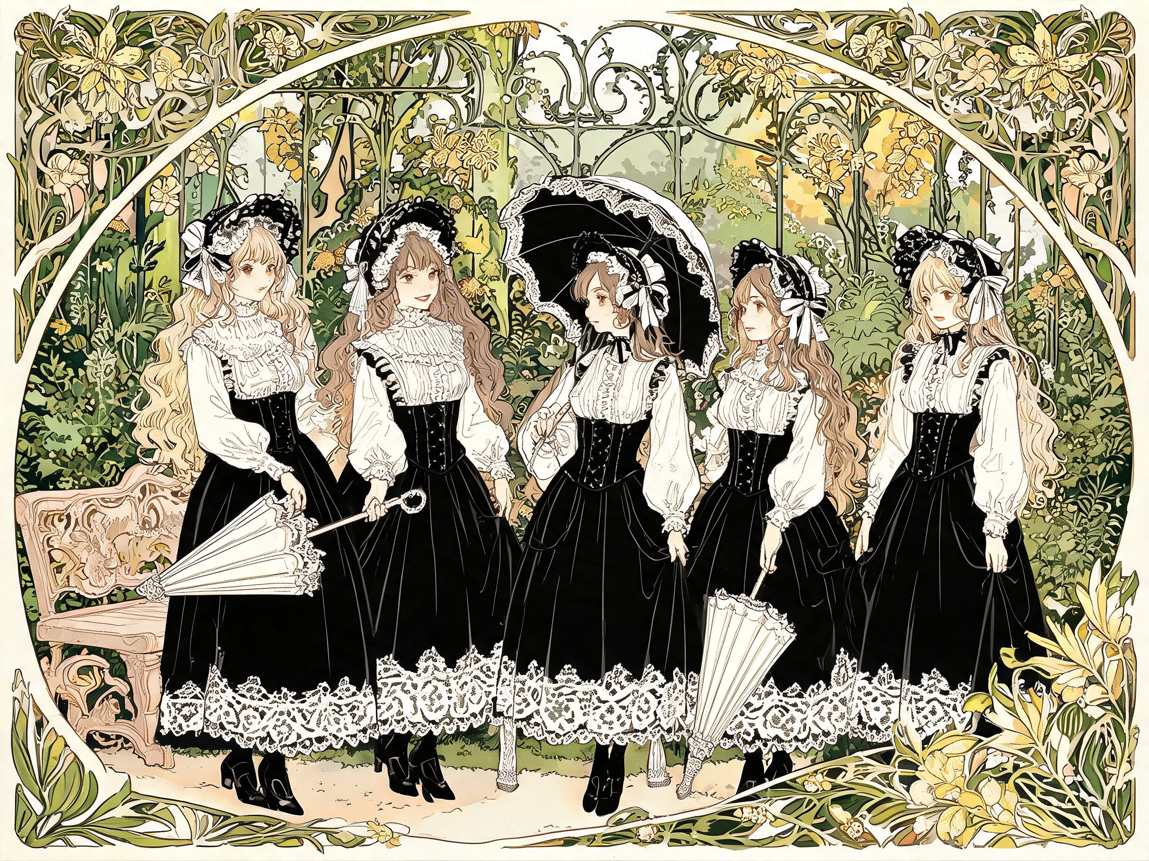Gruppo di gothic lolita in abiti coordinati neri e bianchi in stile Art Nouveau con decorazioni floreali