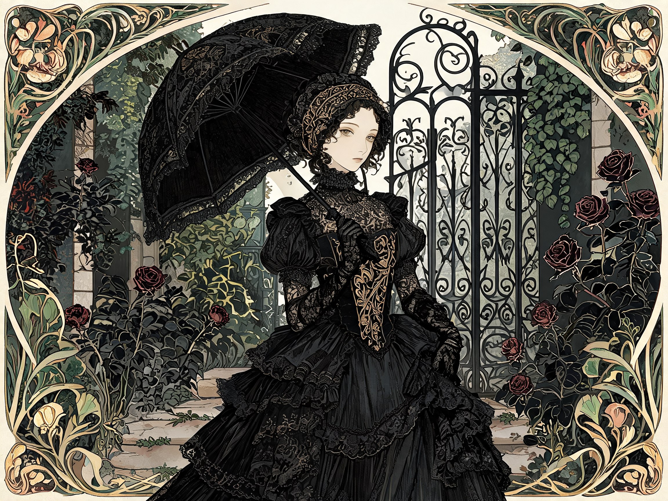 Figura gothic lolita in abito completo con parasol e accessori, composizione ornamentale Art Nouveau in giardino vittoriano