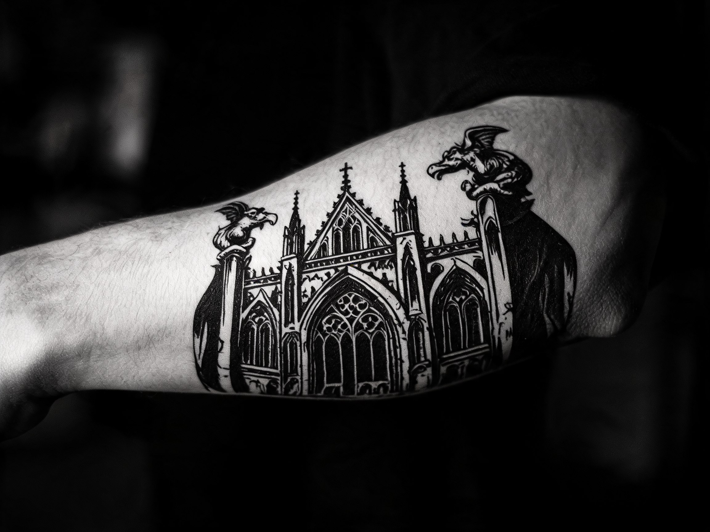 Tatuaggio gotico architettonico con cattedrale gotica e gargoyle in stile blackwork noir su braccio