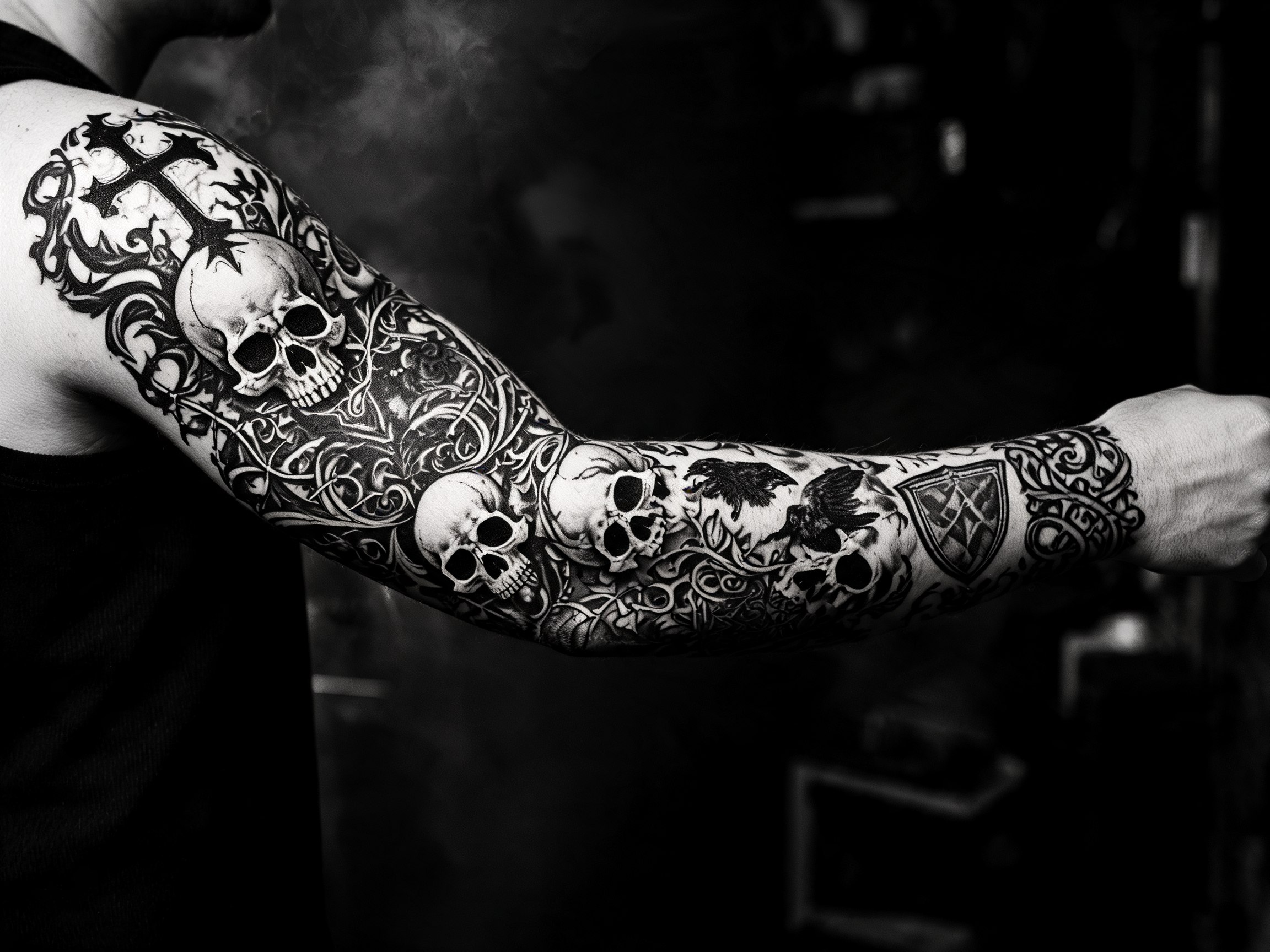 Tatuaggio gotico sleeve completo in blackwork con simboli dark e architettura medievale, fotografia noir in bianco e nero