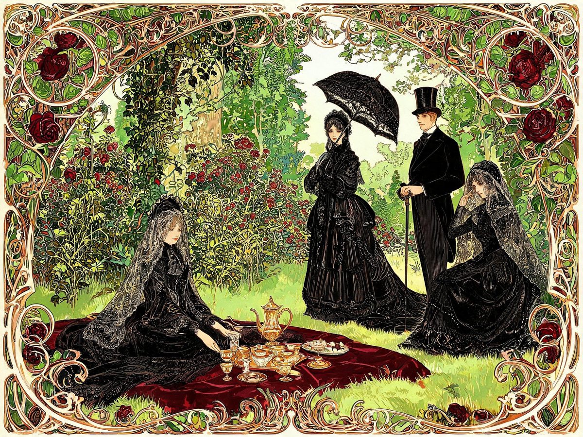 Victorianischer Picknick al WGT: partecipanti in abiti vittoriani eleganti durante il picnic nel parco di Lipsia