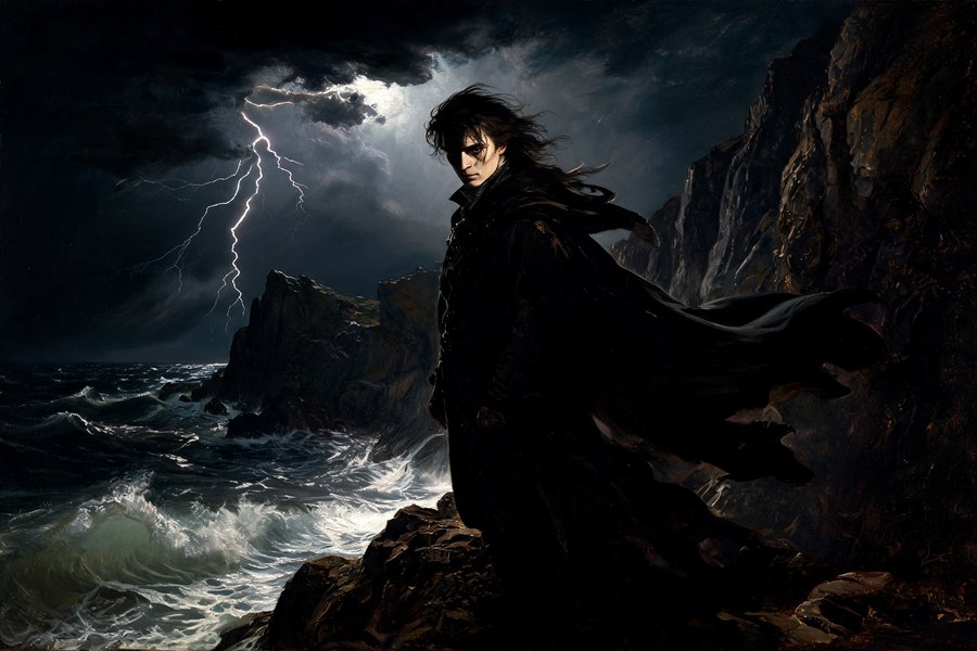Un cupo antieroe byronico in piedi su scogliere ventose di notte con il volto a metà in ombra: il Byronic hero come villain nel romanzo gotico in stile chiaroscuro