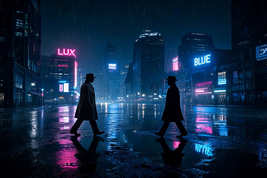 Una strada urbana notturna con riflessi al neon e una figura la cui ombra cammina nella direzione opposta: il tema del doppio nel gotico e cinema contemporaneo
