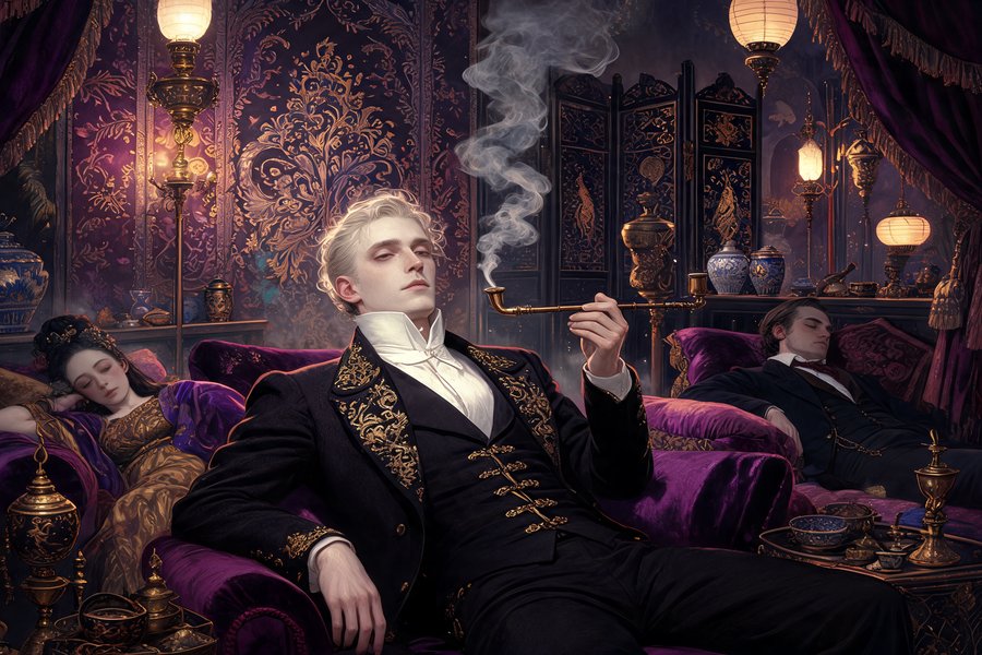 Un gentiluomo vittoriano in un fumeria dell'oppio decadente con decorazioni orientali: la caduta morale di Dorian Gray in stile Pre-Raphaelite