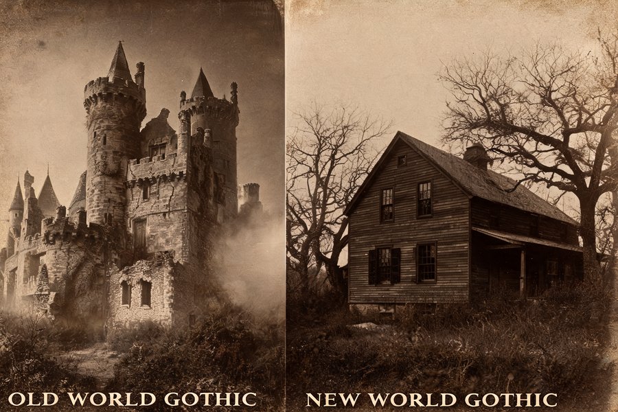 Composizione divisa: un castello gotico europeo medievale a sinistra e una casa coloniale americana del New England a destra, entrambi ugualmente sinistri: le differenze tra gotico europeo e americano in stile daguerreotype
