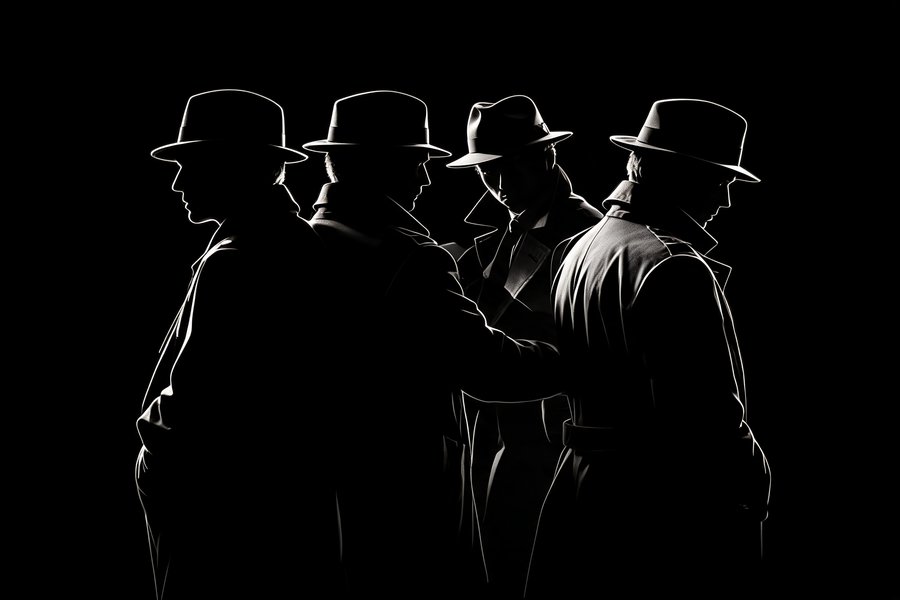 Composizione astratta noir con ombre frammentate e sovrapposte che evocano l'identità frammentata: il significato psicologico del doppio e l'inconscio freudiano