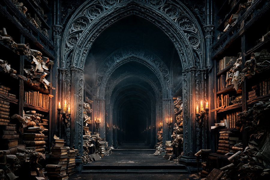 Una vasta biblioteca gotica con arcate infinite che si perdono nell'oscurità e manoscritti sovrapposti: la struttura a cornici labirintica di Melmoth lo Scellerato in stile dark fantasy