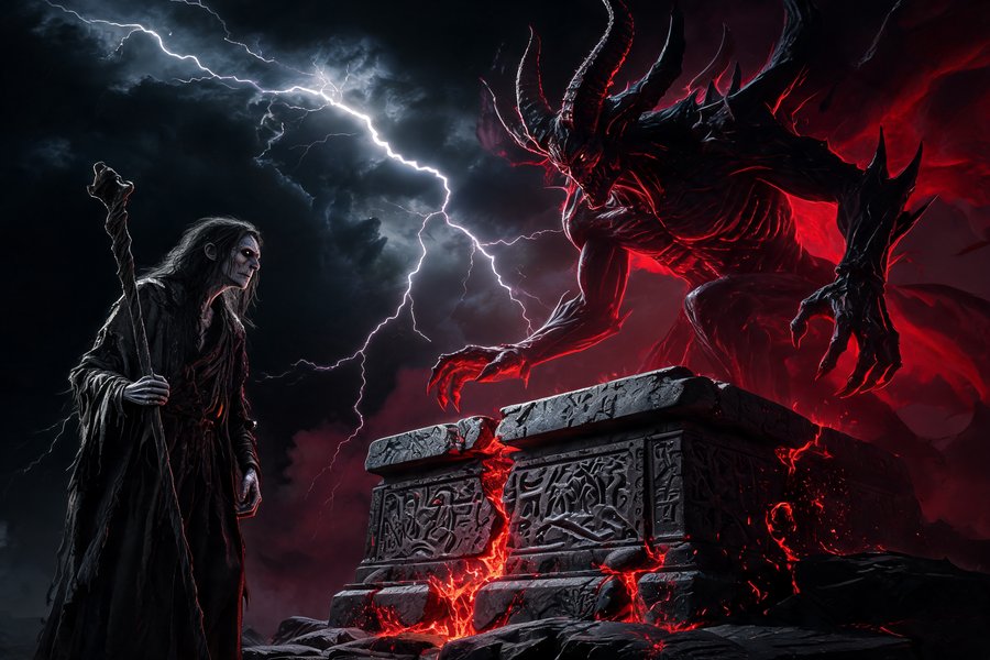 Un vagabondo immortale fronteggia una gigantesca figura demoniaca faustiana a un altare di pietra: il mito faustiano rivisitato in Melmoth lo Scellerato in stile dark fantasy