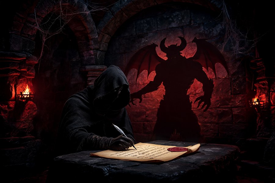 Una figura incappucciata firma un patto soprannaturale alla luce infernale in un dungeon gotico: il patto con il diavolo e la trama di Melmoth lo Scellerato in stile dark fantasy