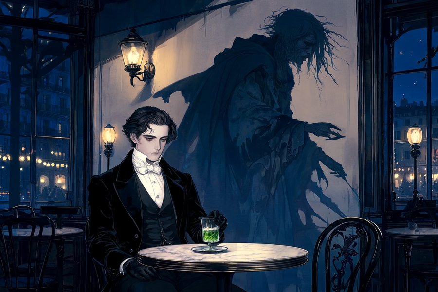 Un dandy dell'Ottocento in esilio in un café parigino con la sua ombra soprannaturale sul muro: l'influenza di Melmoth su Balzac e Oscar Wilde in stile dark fantasy simbolista