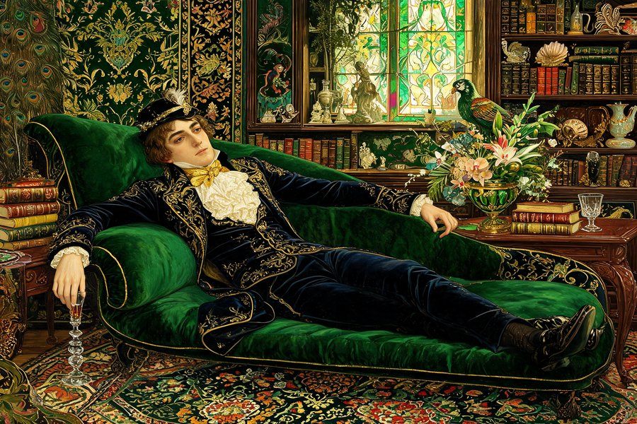Un dandy vittoriano in un lussuoso studio circondato da oggetti d'arte e fiori esotici: l'estetismo decadente di Lord Henry Wotton in stile Pre-Raphaelite