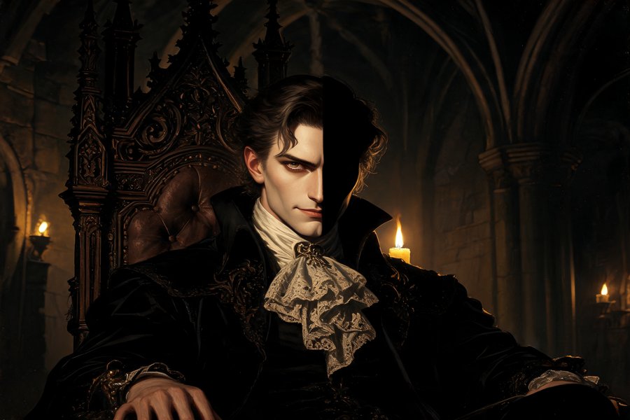 Un ritratto drammatico di un villain gotico aristocratico sul trono con metà faccia in ombra e occhi intelligenti e minacciosi: le caratteristiche del villain nel romanzo gotico in stile chiaroscuro