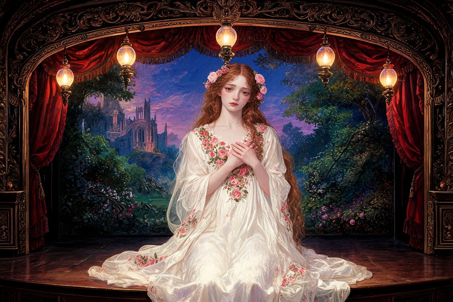 Sibyl Vane sul palcoscenico vittoriano: la giovane attrice tragica del Ritratto di Dorian Gray in stile Pre-Raphaelite con abito bianco e luci del gas
