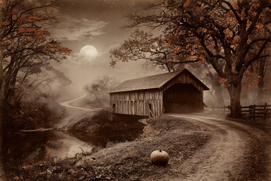 Il Cavaliere Senza Testa di Sleepy Hollow che carica su un ponte al chiaro di luna: la leggenda folk americana di Washington Irving in stile daguerreotype