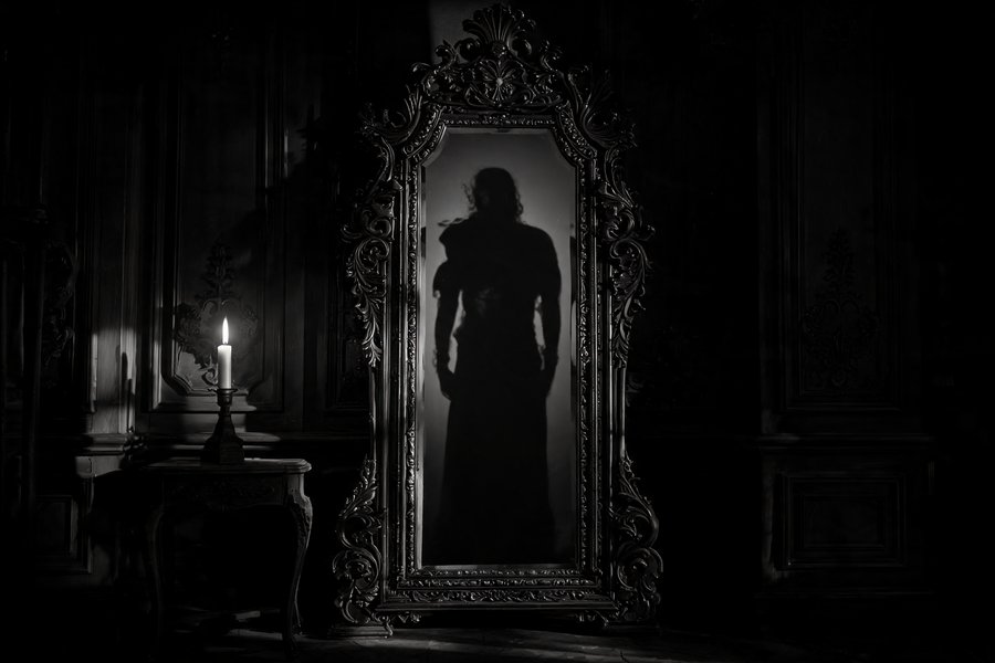 Una persona davanti a uno specchio il cui riflesso mostra una versione sinistra di sé: le varianti del doppio nella letteratura gotica in stile film noir