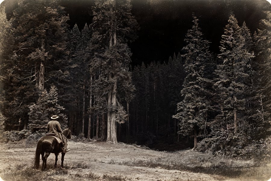 Una figura solitaria a cavallo sul bordo di una foresta primordiale americana nel buio: la wilderness come terrore nel Gotico Americano in stile daguerreotype