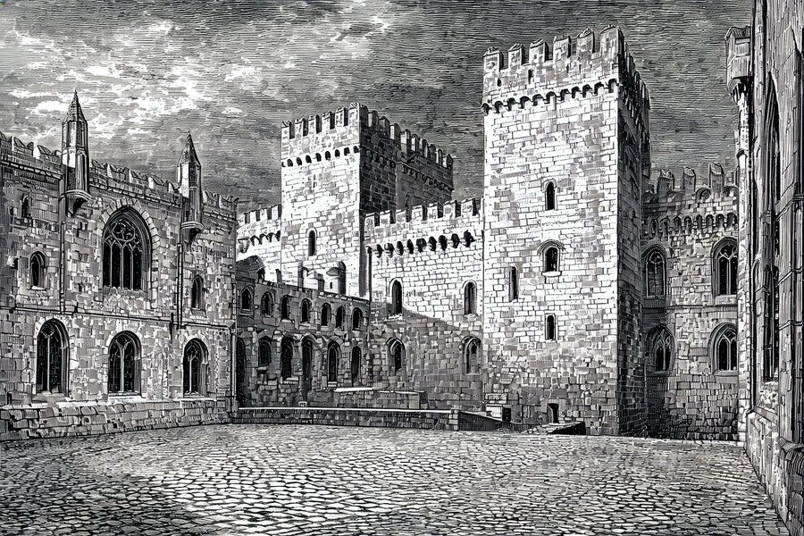 Le torri merlate e le mura spesse del Palazzo dei Papi di Avignone viste dal cortile interno gotico medievale