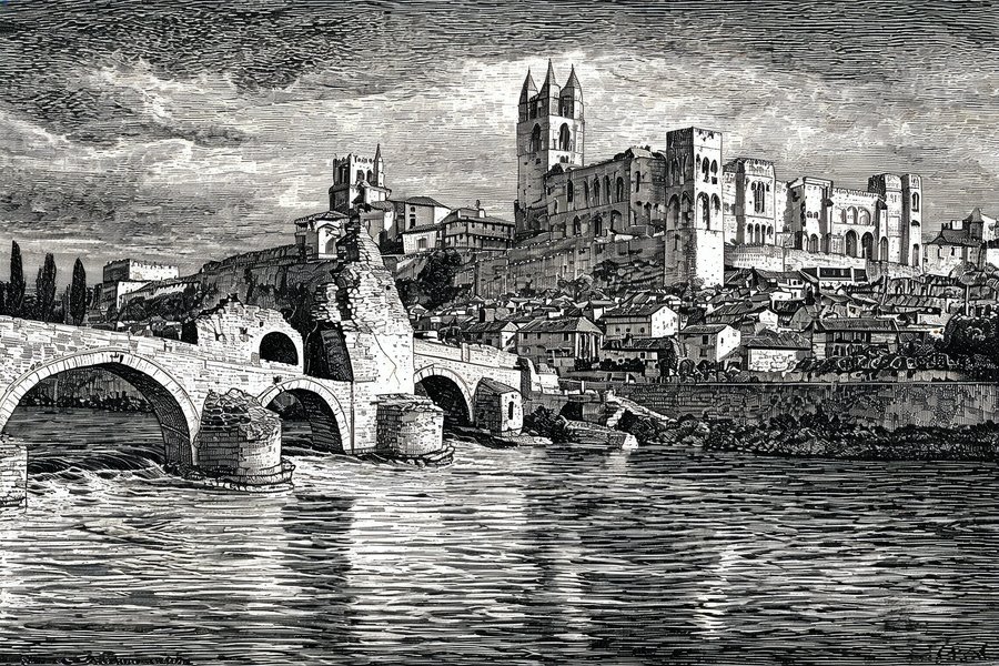 Il Pont Saint-Bénézet di Avignone sul Rodano con le arcate gotiche medievali e il Palazzo dei Papi sullo sfondo