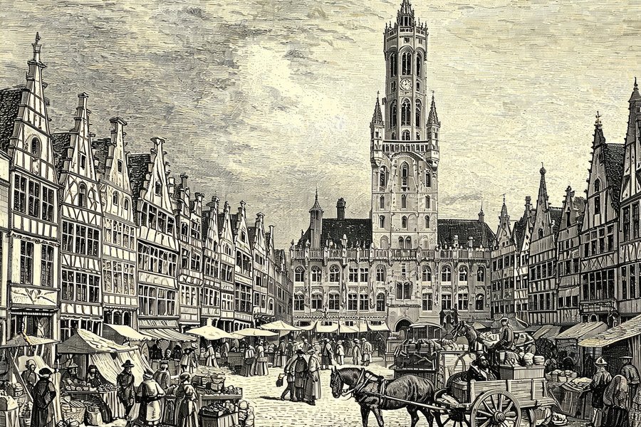 La piazza del mercato e il beffroi di Bruges