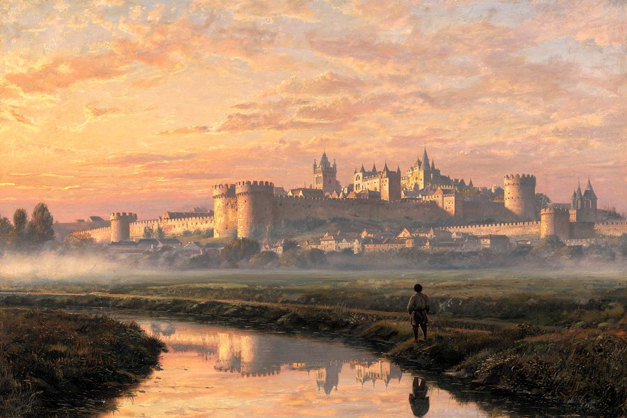 Carcassonne medievale vista dalla pianura del Languadoca all'ora dorata: la fortezza si staglia sull'orizzonte dal Canal du Midi
