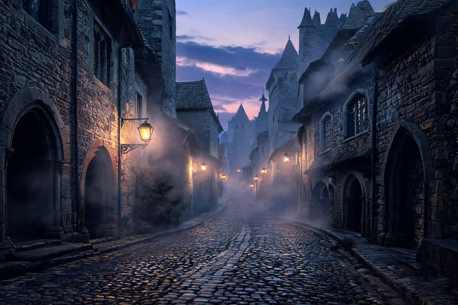 Vicolo lastricato nella Cité di Carcassonne al crepuscolo con case medievali e portali gotici illuminati da lanterne
