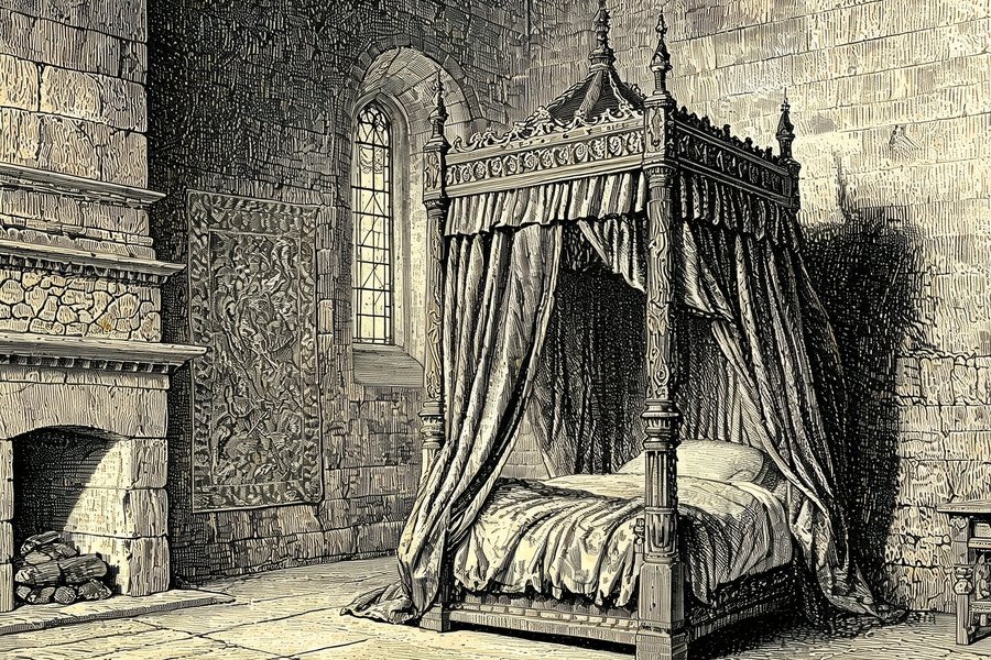 Una camera da letto con baldacchino nel Castello di Bevilacqua