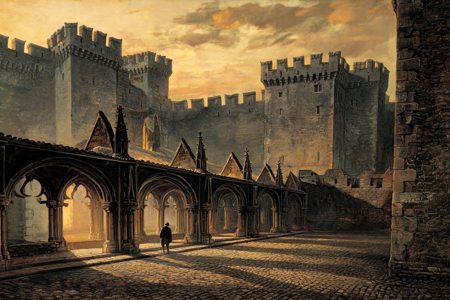 Cortile interno del Castello Comitale di Carcassonne con archi gotici in pietra al tramonto