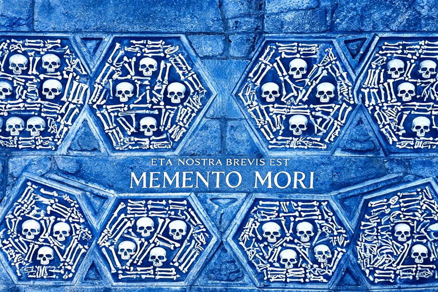Disposizione artistica di teschi e ossa nelle pareti delle catacombe di Parigi: geometrie macabre e iscrizioni latine nella pietra, cianotipo