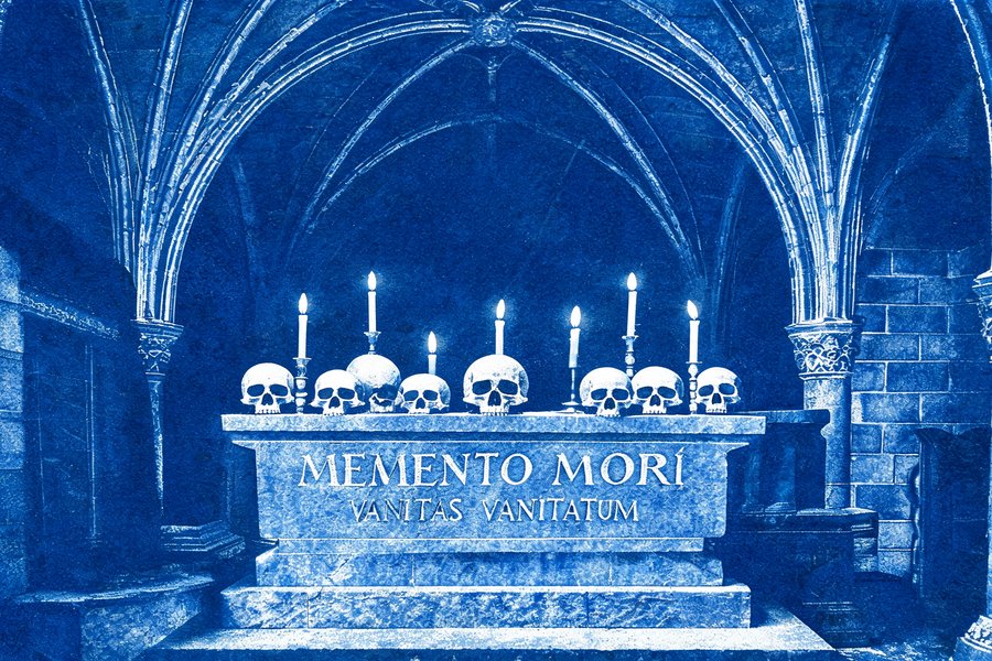 Scena simbolica memento mori con teschi su altare di pietra, iscrizioni latine e candele nella cripta sotterranea, danza macabra medievale, cianotipo
