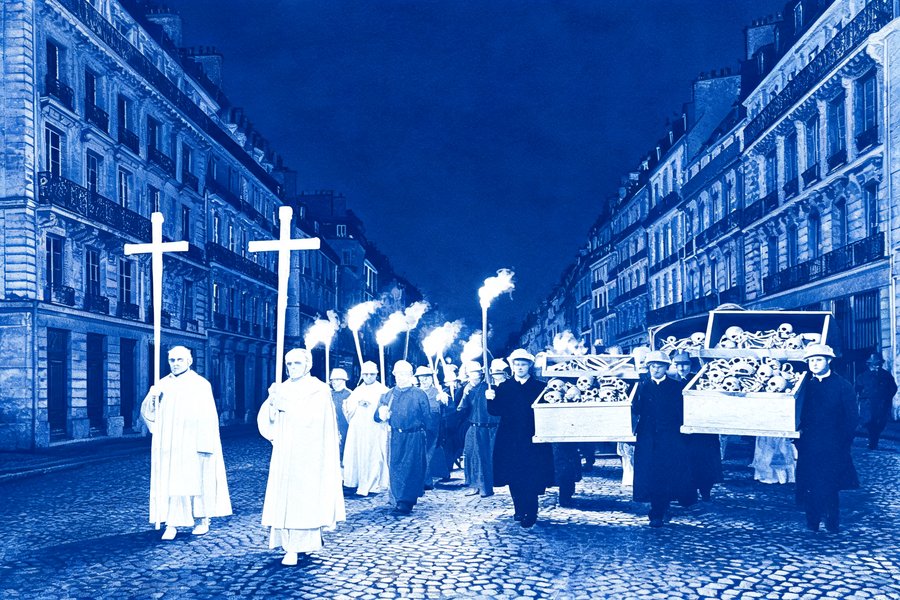 Processione notturna settecentesca che trasporta i resti dai cimiteri di Parigi verso le cave sotterranee, cianotipo blu prussiano