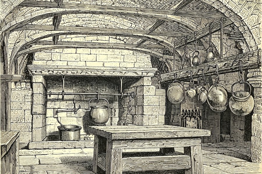 La cucina della Rocca medievale di Torino con il grande camino