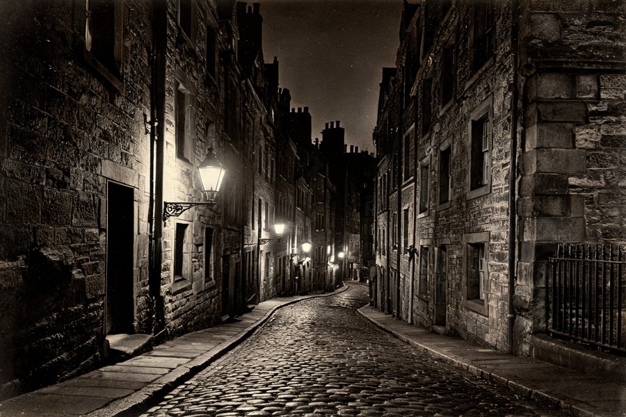 Un close medievale dell'Old Town di Edimburgo di notte: vicolo ripido lastricato tra tenements di pietra illuminati da lanterne in dagherrotipo