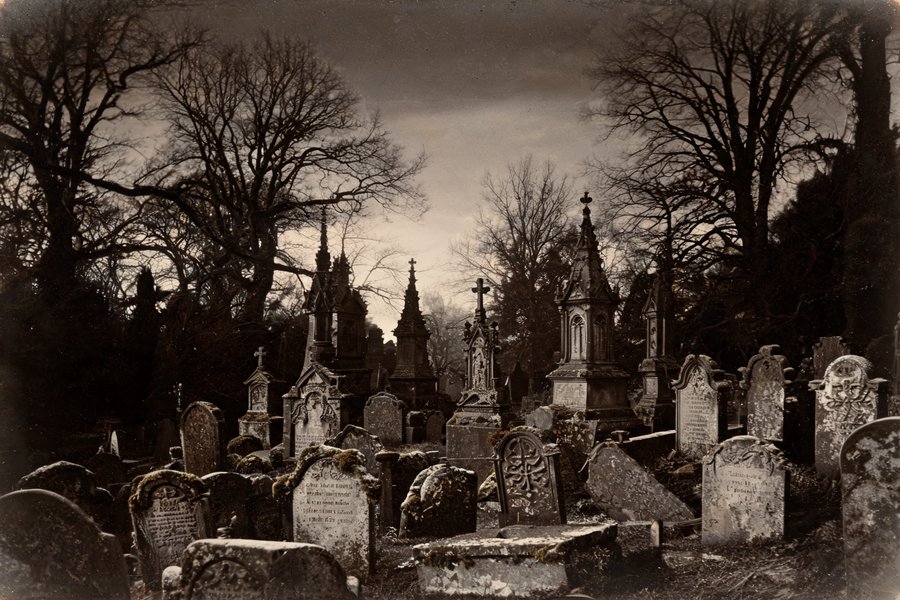 Il cimitero di Greyfriars Kirkyard a Edimburgo: lapidi medievali coperte di muschio e monumenti gotici tra gli alberi al crepuscolo