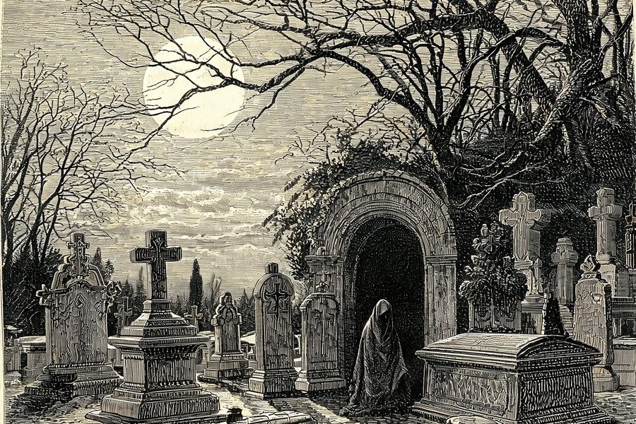 Una figura misteriosa di notte tra le tombe di Highgate
