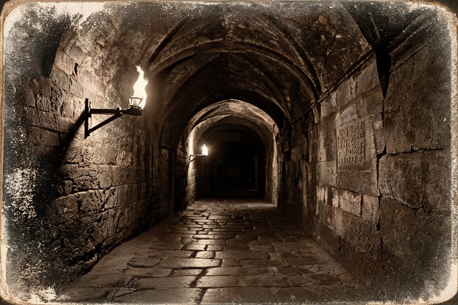 I sotterranei di Mary King's Close a Edimburgo: passaggi medievali in pietra con volte basse illuminati da torce in dagherrotipo