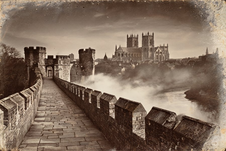 Il camminamento sulle mura medievali di York con torri e merli, il Minster sullo sfondo nella nebbia del tramonto