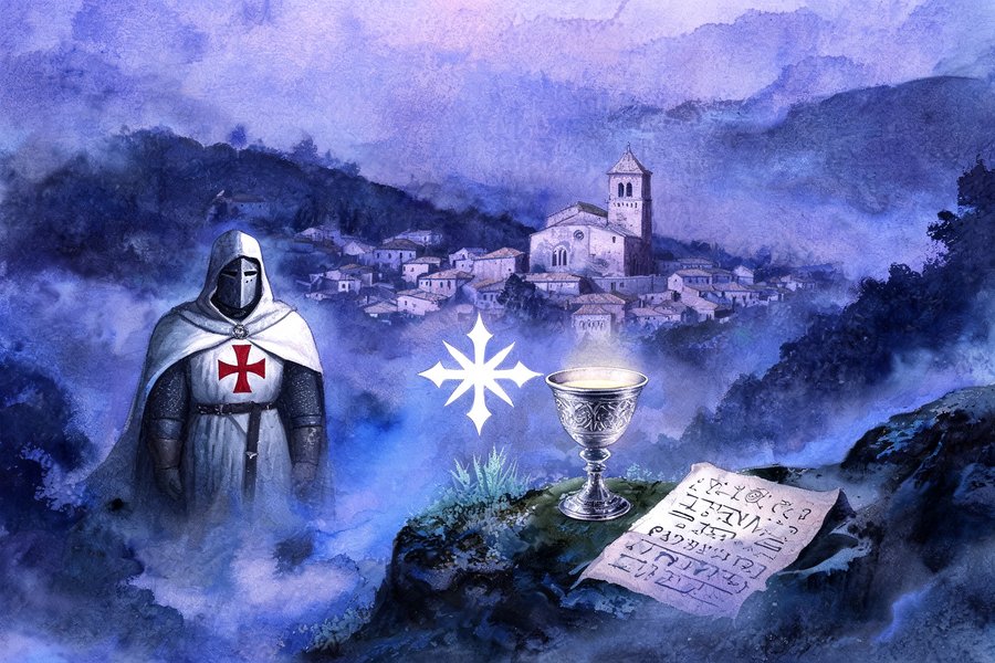 Composizione simbolica: croce Templare, Catari, calice del Graal e pergamena cifrata attorno a Rennes-le-Château — le teorie sul mistero medievale