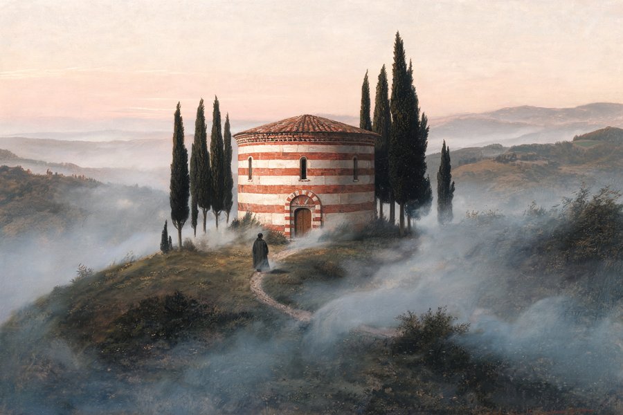 La Rotonda di Montesiepi sul colle toscano all'alba nella nebbia mattutina, pareti in tufo rosso e travertino bianco, stile Friedrich romantico