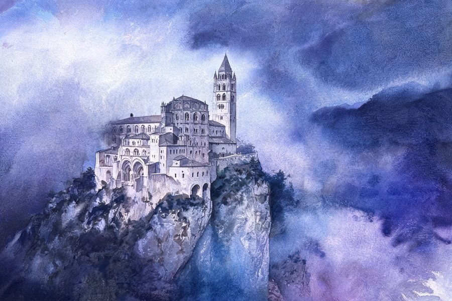 La facciata romanica e la torre della Sacra di San Michele sul bordo del precipizio alpino in acquerello gotico