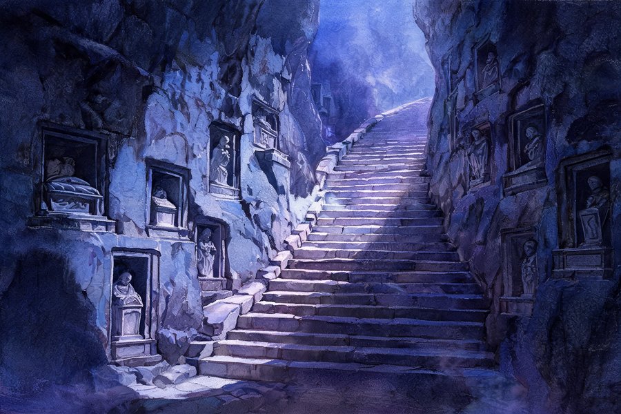 Lo Scalone dei Morti della Sacra di San Michele: scalinata gotica scavata nella roccia con nicchie sepolcrali e luce laterale drammatica