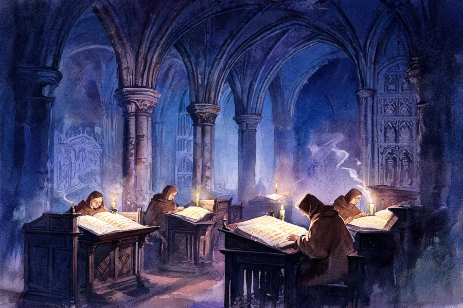 Scriptorium medievale con archi gotici e monaci che copiano manoscritti alla luce delle candele: l'ispirazione del Nome della Rosa
