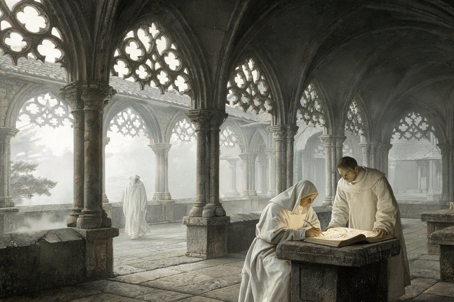 Monaci cistercensi in abiti bianchi nel chiostro medievale con archi gotici a tutto sesto, manoscritti illuminati, stile Friedrich romantico