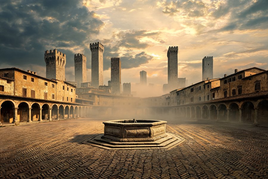 Piazza della Cisterna a San Gimignano: il pozzo ottagonale del 1237, il selciato a spina di pesce e le case-torri medievali attorno