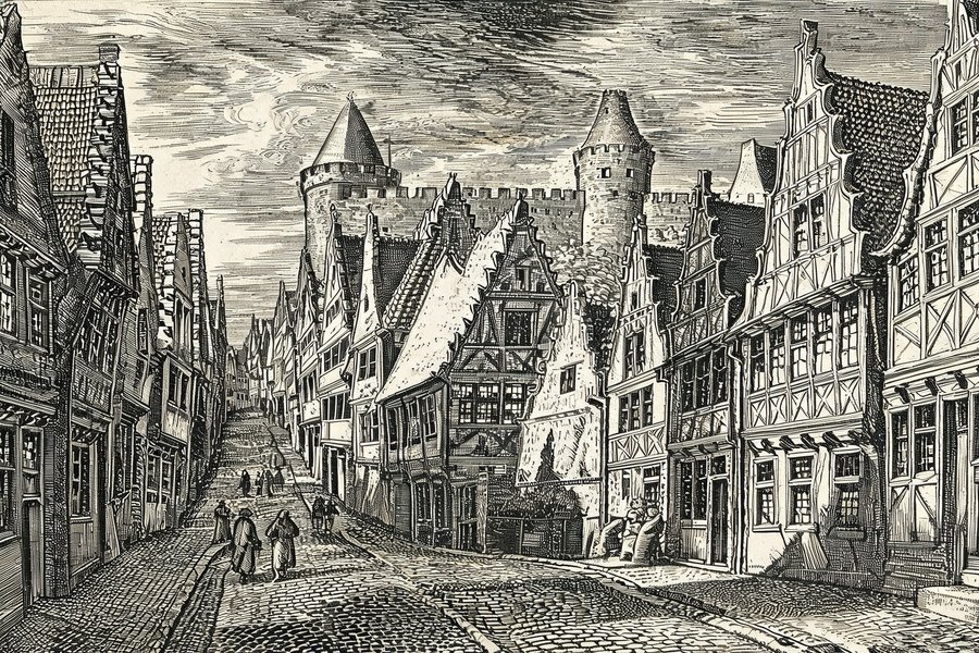 La città bassa di Tallinn con i vicoli anseatici medievali, le case dei mercanti tedeschi con i timpani a gradini e le mura con le torri sullo sfondo