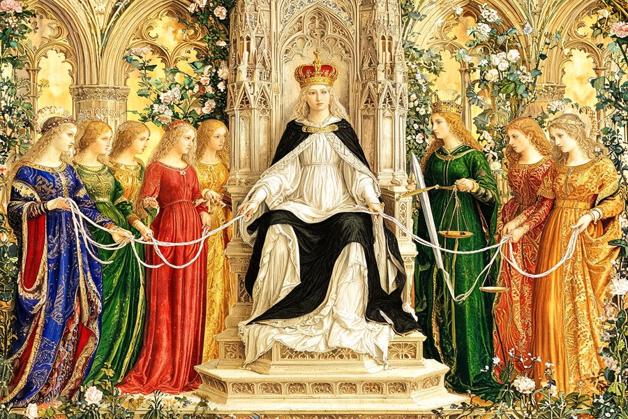 Allegoria del Buon Governo di Ambrogio Lorenzetti: figura allegorica del Comune di Siena con le virtù cardinali e teologali