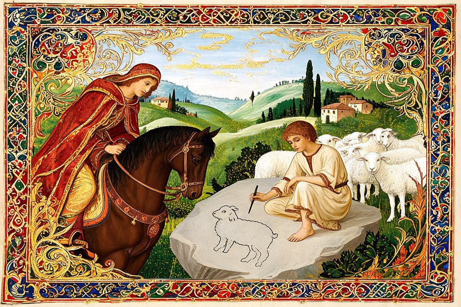 Cimabue scopre il giovane Giotto pastore che disegna una pecora su una pietra, leggenda narrata da Vasari